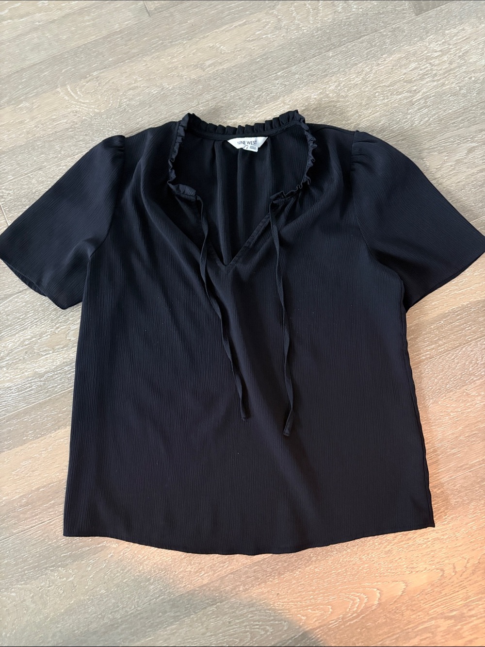 Nine West Black Ruffle Tie-Front Short Sleeve Blouse